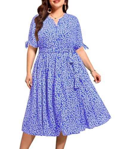 Pinup Fashion Damen Sommer Midi Kleid Plus Size Casual Shirt Button Down Halbarm Sommerkleid mit Taschen, Blumenblau, 50 Mehr von Pinup Fashion