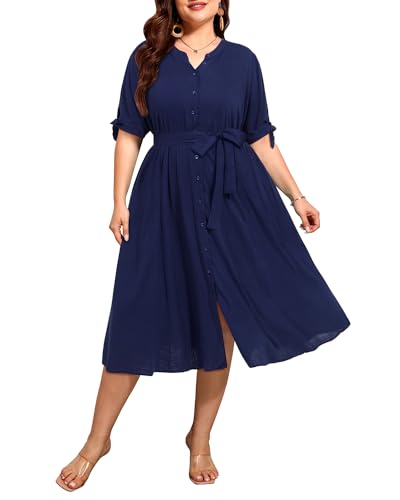 Pinup Fashion Damen Sommer Midi Kleid Plus Size Casual Shirt Button Down Halbarm Sommerkleid mit Taschen, Marineblau, 52 Mehr von Pinup Fashion