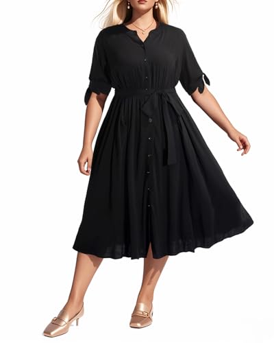 Pinup Fashion Damen Sommer Midi Kleid Plus Size Casual Shirt Button Down Halbarm Sommerkleid mit Taschen, Schwarz, 52 Mehr von Pinup Fashion