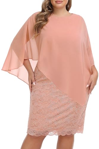 Damen Plus Size Cape-Kleid mit Chiffon-Overlay Bodycon Spitze Knielang Cocktailkleider, Rose, 42 von Pinup Fashion