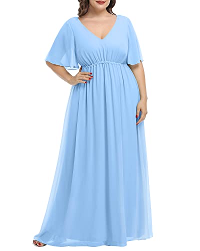 Pinup Fashion Damen Übergröße Chiffon Doppel V-Ausschnitt Empire-Taille Ballkleider für Abend Party Formal Maxikleid, Blau, 48 Mehr von Pinup Fashion