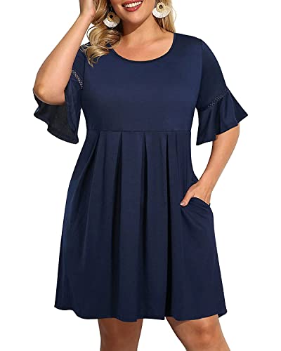 Pinup Fashion Damen Übergröße Glockenärmel Rundhals Casual Sommer Strick Babydoll Swing Kleid Taschen, Marineblau, 44 Mehr von Pinup Fashion