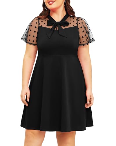 Pinup Fashion Damen Übergröße Kontrast Mesh Kurzarm Fliege Hals Cocktail Party Elegant A-Linie Kleid, Schwarz, 52 Mehr von Pinup Fashion