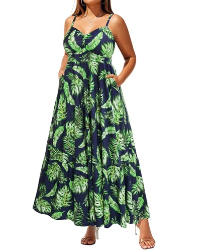 Maxi-Sommerkleid für Damen, Übergröße, Spaghettiträger, gerüschte Brust, langes lässiges Sommerkleid mit Taschen, Tropische Palmenblätter, 22 Plus, Classic von Pinup Fashion
