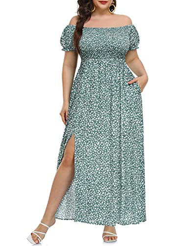 Sommerkleider in Übergröße – Boho, lässig, schulterfrei, Blumenmuster, langes Maxikleid mit Taschen, Grünes Blumenmuster, 48 Mehr von Pinup Fashion