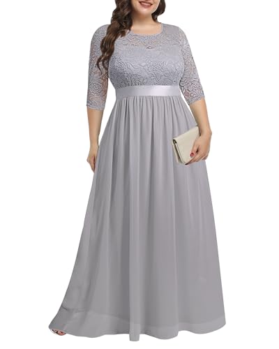 Pinup Fashion Damen Übergröße Spitze Chffon Lange Maxi 3/4 Ärmel V-Rücken Formelles Kleid, GRAU, 20 Plus von Pinup Fashion
