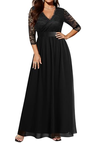 Pinup Fashion Damen Übergröße Spitze Chffon Lange Maxi 3/4 Ärmel V-Rücken Formelles Kleid, Schwarz-Wrap, 18 Plus von Pinup Fashion