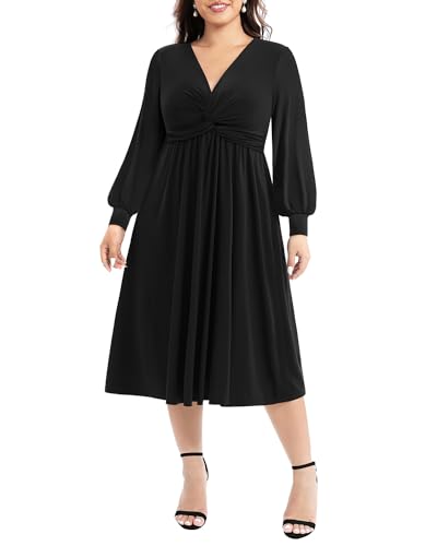 Pinup Fashion Damen Übergröße Twist Knoten vorne V-Ausschnitt 3/4 Ärmel A-Linie Hochzeit Gast Midi Kleid, Schwarz-Laternenhülle, 48 Mehr von Pinup Fashion