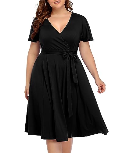 Pinup Fashion Damen Übergröße Wickelkleid V-Ausschnitt Flatterärmel Floral Midi Kleid Casual Party Brautjungfer Swing Kleid - Schwarz - 52 Mehr von Pinup Fashion