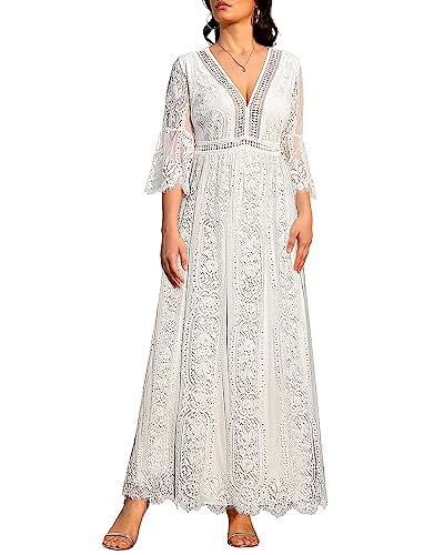 Pinup Fashion Damen V-Ausschnitt Blumenspitze Hochzeitskleid 3/4 Ärmel Cocktail Party Boho Maxi Kleider, Weiss/opulenter Garten, XX-Large von Pinup Fashion