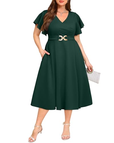 Pinup Fashion Damenkleider in Übergröße für Hochzeitsgäste – Cocktailkleid, halbformelles A-Linien-Midikleid mit Taschen, Grün , 52 Mehr von Pinup Fashion