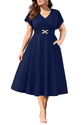 Pinup Fashion Damenkleider in Übergröße für Hochzeitsgäste – Cocktailkleid, halbformelles A-Linien-Midikleid mit Taschen, Marineblau, 50 Mehr von Pinup Fashion