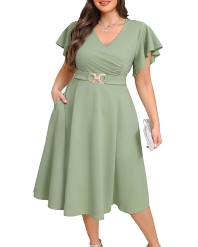 Pinup Fashion Damenkleider in Übergröße für Hochzeitsgäste – Cocktailkleid, halbformelles A-Linien-Midikleid mit Taschen, Salbeigrün, 54 Mehr von Pinup Fashion