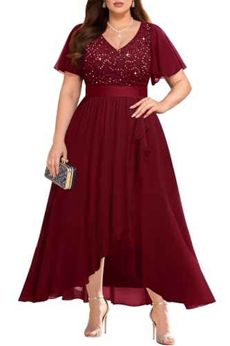 Pinup Fashion Formelles Kleid in Übergröße – Abendkleid, Hochzeit, Gast, Cocktail-Pailletten, Chiffon, langes Kleid mit Schlitz, Burgunder, 50 Mehr von Pinup Fashion