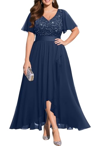Pinup Fashion Formelles Kleid in Übergröße – Abendkleid, Hochzeit, Gast, Cocktail-Pailletten, Chiffon, langes Kleid mit Schlitz, Marineblau, 50 Mehr von Pinup Fashion