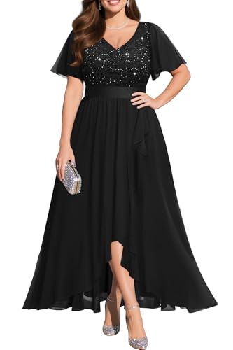 Pinup Fashion Formelles Kleid in Übergröße – Abendkleid, Hochzeit, Gast, Cocktail-Pailletten, Chiffon, langes Kleid mit Schlitz, Schwarz, 48 Mehr von Pinup Fashion