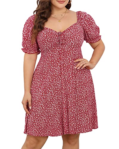 Pinup Fashion Frauen Plus Größe Casual Puffärmel Gesmokt Kurze Sommer Sommerkleid A Linie Babydoll Nette Mini Kleider, Rot/Blumenmuster, 52 Mehr von Pinup Fashion