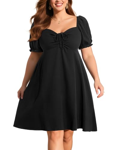 Pinup Fashion Damen-Sommerkleid, Übergröße, lässig, Puffärmel, gesmokt, kurz, A-Linie, Babydoll, niedliches Minikleid, Schwarz, 48 Mehr von Pinup Fashion