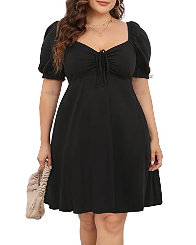 Pinup Fashion Frauen Plus Größe Casual Puffärmel Gesmokt Kurze Sommer Sommerkleid A Linie Babydoll Nette Mini Kleider, Schwarz, 54 Mehr von Pinup Fashion