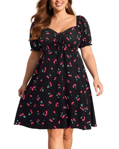Pinup Fashion Damen-Sommerkleid, Übergröße, lässig, Puffärmel, gesmokt, kurz, A-Linie, Babydoll, niedliches Minikleid, Schwarz (Black Cherry), 20 Plus, Classic von Pinup Fashion