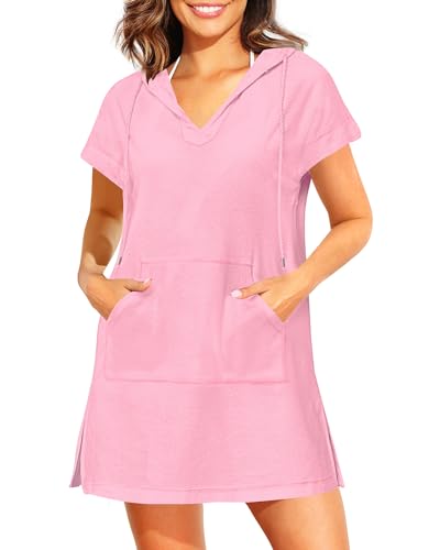 Pinup Fashion Frottee-Badeanzug für Damen, mit Kapuze, Baumwollbezug mit Tasche, Pink, Medium Pinup Fashion Frottee-Badeanzug für Damen, mit Kapuze, Baumwollbezug mit Tasche, Pink, Medium von Pinup Fashion