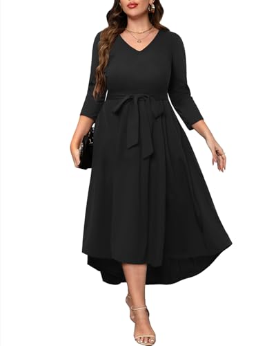 Pinup Fashion Hochzeitskleid in Übergröße, formell – Flatterärmel, Cocktail-Party, High-Low-Kleider mit Taschen, Schwarz (3/4-Ärmel), 52 Mehr von Pinup Fashion
