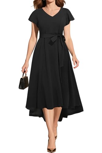 Pinup Fashion Hochzeitskleid in Übergröße, formell – Flatterärmel, Cocktail-Party, High-Low-Kleider mit Taschen, Schwarz 01, Mittel von Pinup Fashion