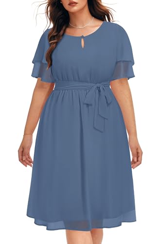 Pinup Fashion Kleid in Übergröße für Hochzeitsgäste – halbformelles Cocktailkleid, Chiffon, Schlüssellochausschnitt, knielanges Kleid, grau-blau, 50 Mehr von Pinup Fashion