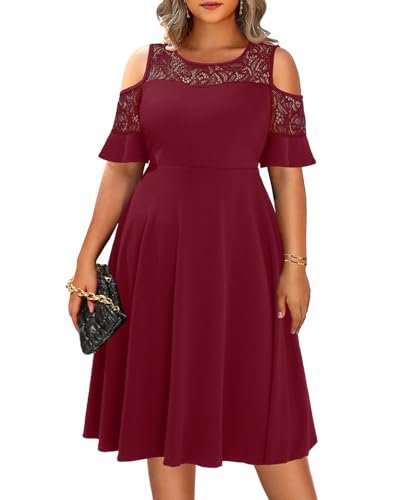 Pinup Fashion Plus Size Cold Shoulder Mesh Neck Wedding Guest Swing Midi Kleider mit Taschen, Burgunder, 44 Mehr von Pinup Fashion