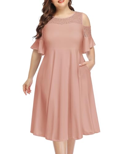 Pinup Fashion Plus Size Cold Shoulder Mesh Neck Wedding Guest Swing Midi Kleider mit Taschen, Grau/Pink, 50 Mehr von Pinup Fashion