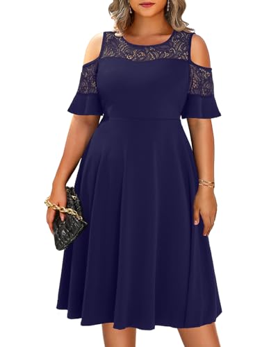 Pinup Fashion Plus Size Cold Shoulder Mesh Neck Wedding Guest Swing Midi Kleider mit Taschen, Marineblau, 48 Mehr von Pinup Fashion