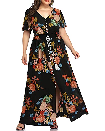 Pinup Fashion Plus Size Kleider für Frauen Maxi-Kleid V-Ausschnitt Wickelkleid Sommer Ball Cocktail Rüschen Schlitz High Low Kleid - mehrfarbig - 48 Mehr von Pinup Fashion