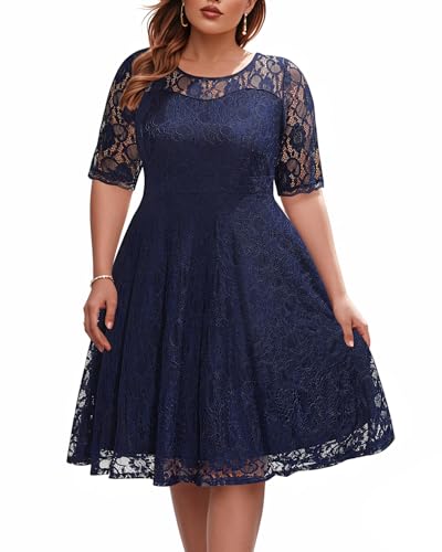 Damen-Midikleid in Übergröße, für Hochzeit, Gast, Brautparty, halbformell, Cocktailparty, Spitze, V-Ausschnitt, Midi-Kleid, Marineblau, 46 Mehr von Pinup Fashion