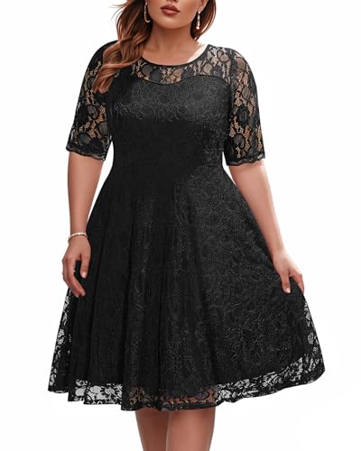 Pinup Fashion Plus Size Kleider für Frauen Spitze Midi Cocktail Party Hochzeit Brautjungfer Swing Kleid Sweetheart Ausschnitt - Schwarz - 56 Mehr von Pinup Fashion