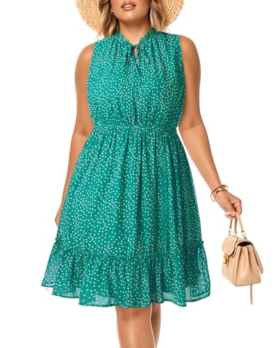 Pinup Fashion Plus Size Sommer Krawatte Rundhalsausschnitt Kurze Kleider Ärmellos Boho Casual Chiffon Rüschen Flowy Sommerkleid, Grüner Punkt, 50 Mehr von Pinup Fashion