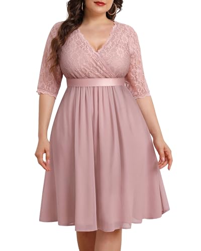 Pinup Fashion Übergröße, Spitze, Chiffon, Wickelkleid, V-Ausschnitt, Cocktailkleid, Hochzeitsgäste, Midi-Kleid, Pink Dusty, 50 Mehr von Pinup Fashion