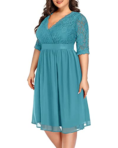 Pinup Fashion Plus Size Spitze Chiffon Wrap V Ausschnitt Kleider Frauen Cocktail Hochzeit Gast Midi Kleid, petrol, 50 Mehr von Pinup Fashion