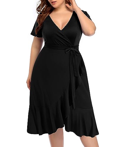 Pinup Fashion Plus Size Wrap V-Ausschnitt Midi Casual Hochzeit Gast Kurze Flatterärmel Sommerkleid, Schwarz (Hoch Niedrig), 56 Mehr von Pinup Fashion