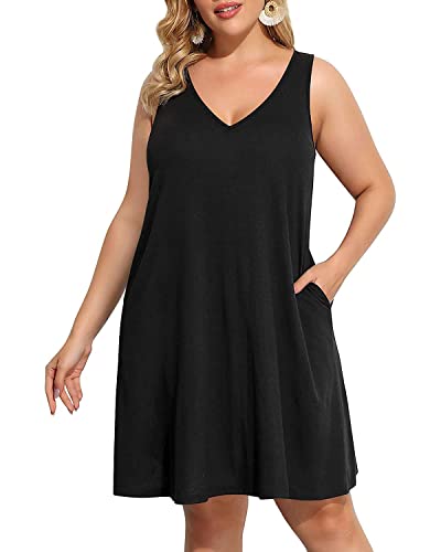 Pinup Fashion Tankkleid für Damen, Übergröße, ärmellos, überkreuzte Rückseite, T-Shirt, Sonnenkleid mit Taschen, Schwarz ärmellos, 50 Mehr von Pinup Fashion