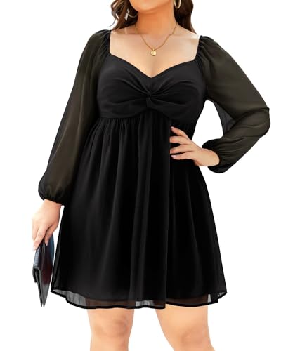 Pinup Fashion Übergröße Damen Sweetheart-Ausschnitt Kleid Langarm Sommer Party Kurze A-Linie Minikleider, Schwarz, 46 Mehr von Pinup Fashion