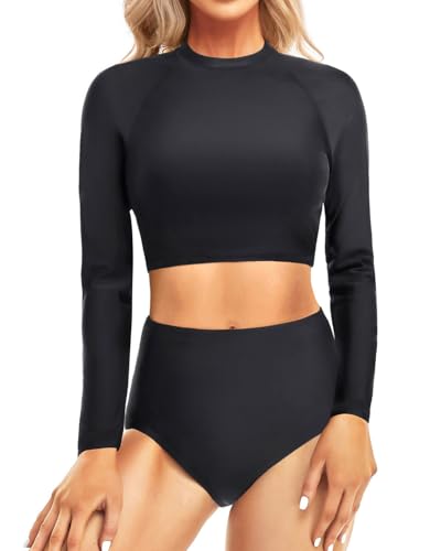 Pinup Fashion Zweiteiliger Rashguard Langarm Schwimmshirt Badeanzüge Damen Badeanzug Top mit hoher Taille Kurzes Tankini Set UV UPF 50+, Schwarz, XS von Pinup Fashion