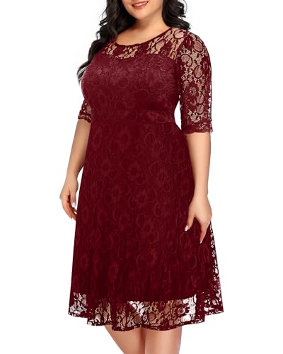 Plus Size Kleider Hochzeit Gast Semi Formal Lace Cocktail Abschluss Party Sommer Midi A Linie Kleid, Burgunder, 50 Mehr von Pinup Fashion