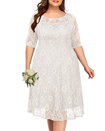 Plus Size Kleider Hochzeit Gast Semi Formale Spitze Cocktail Graduierung Party Sommer Midi A Linie Kleid, Elfenbein, weiß, 52 Mehr von Pinup Fashion