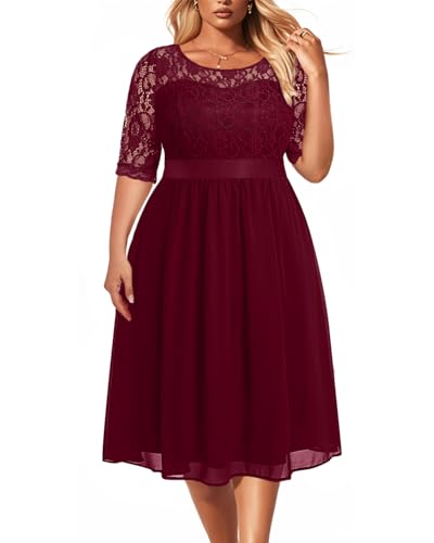 Plus Size Sweetheart-Ausschnitt Spitze Chiffon Hochzeit Gäste Kurz Formal Cocktail Midi Damen Kleid, Burgunder, 44 Mehr von Pinup Fashion