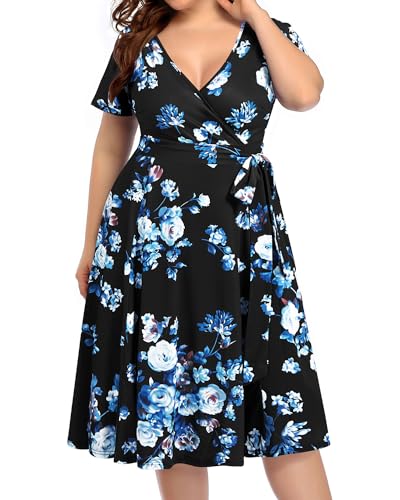 Plus Size Wrap V Ausschnitt Midi Casual Hochzeit Gäste Kurze Flatterärmel Sommerkleid, Blau Floral Schwarz, 46 Mehr von Pinup Fashion