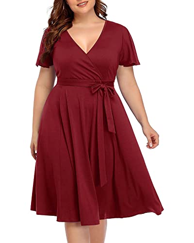 Plus Size Wrap V Ausschnitt Midi Casual Hochzeit Gäste Kurze Flatterärmel Sommerkleid, Burgunder, 52 Mehr von Pinup Fashion