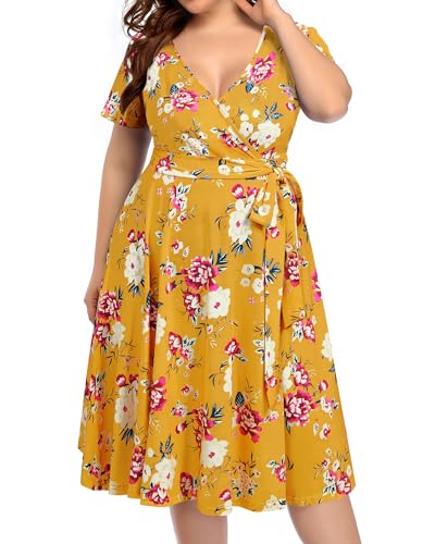 Plus Size Wrap V Ausschnitt Midi Casual Hochzeit Gäste Kurze Flatterärmel Sommerkleid, Gelb (Blumenmuster), 44 Mehr von Pinup Fashion