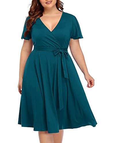 Plus Size Wrap V-Ausschnitt Midi Casual Hochzeit Gast Kurze Flatterärmel Sommerkleid, Grüner Pfau, 46 Mehr von Pinup Fashion