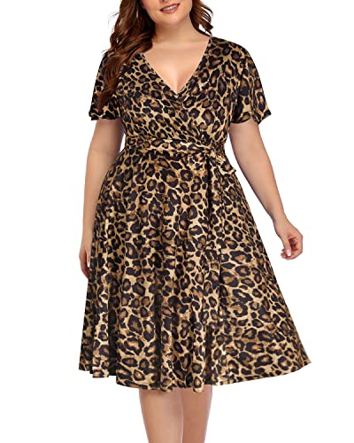 Plus Size Wrap V-Ausschnitt Midi Casual Hochzeit Gast Kurze Flatterärmel Sommerkleid, Leopard, 52 Mehr von Pinup Fashion