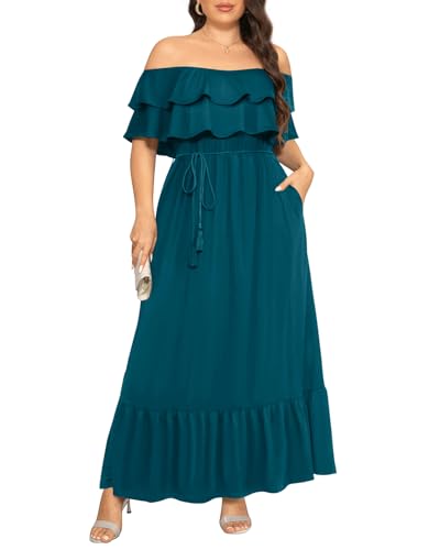 Schulterfreies Maxi-Kleid in Übergröße, lang, lässig, mit Rüschen, Strandkleid, Damenkleid, 2024, Blaugrün/Ein Hauch von Paradies (Trace of Paradise), 46 Mehr von Pinup Fashion